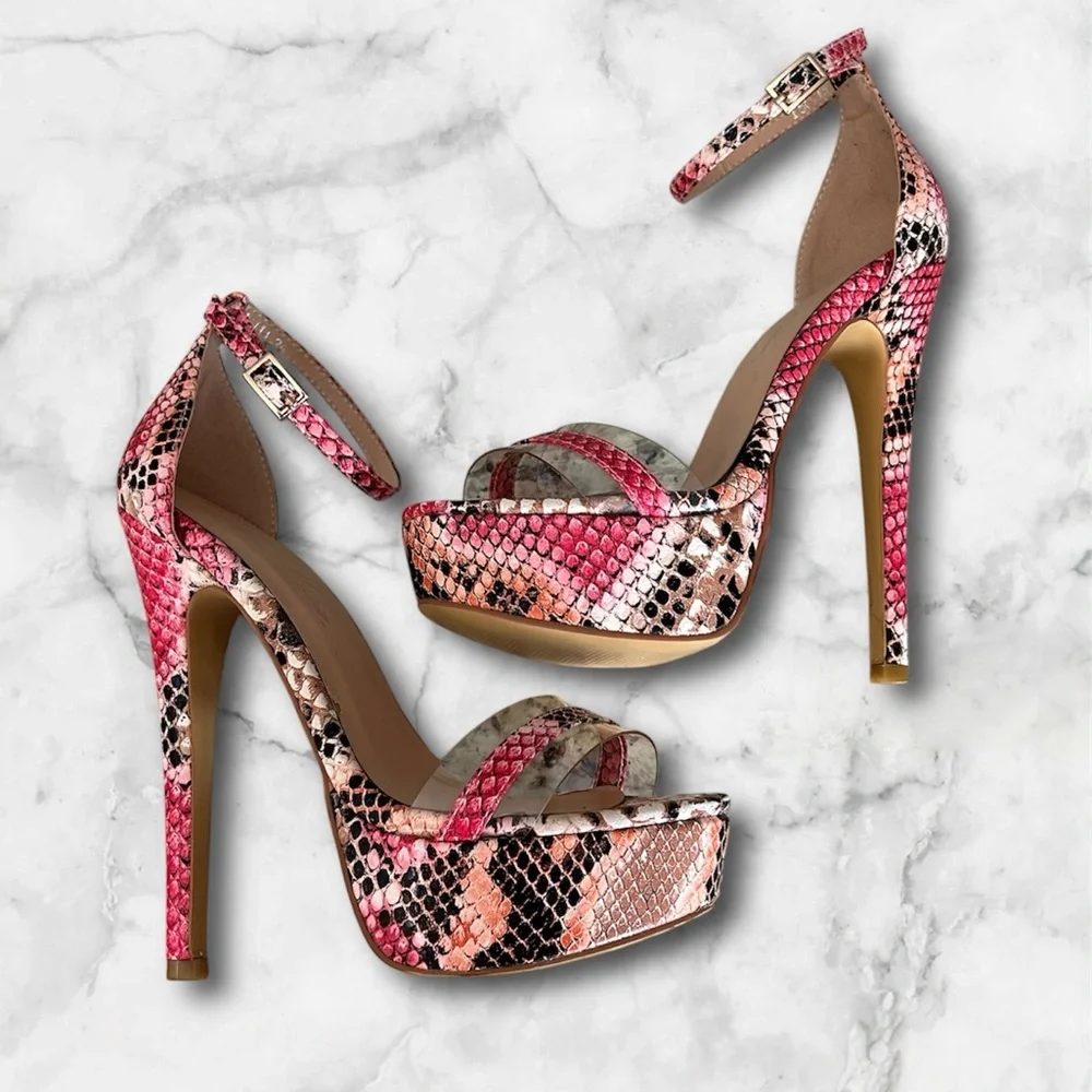 New OnlyMaker Snakeskin Platform Stiletto Heels Sandals Brown Pink Sexy Size 6 - Picture 3 of 13